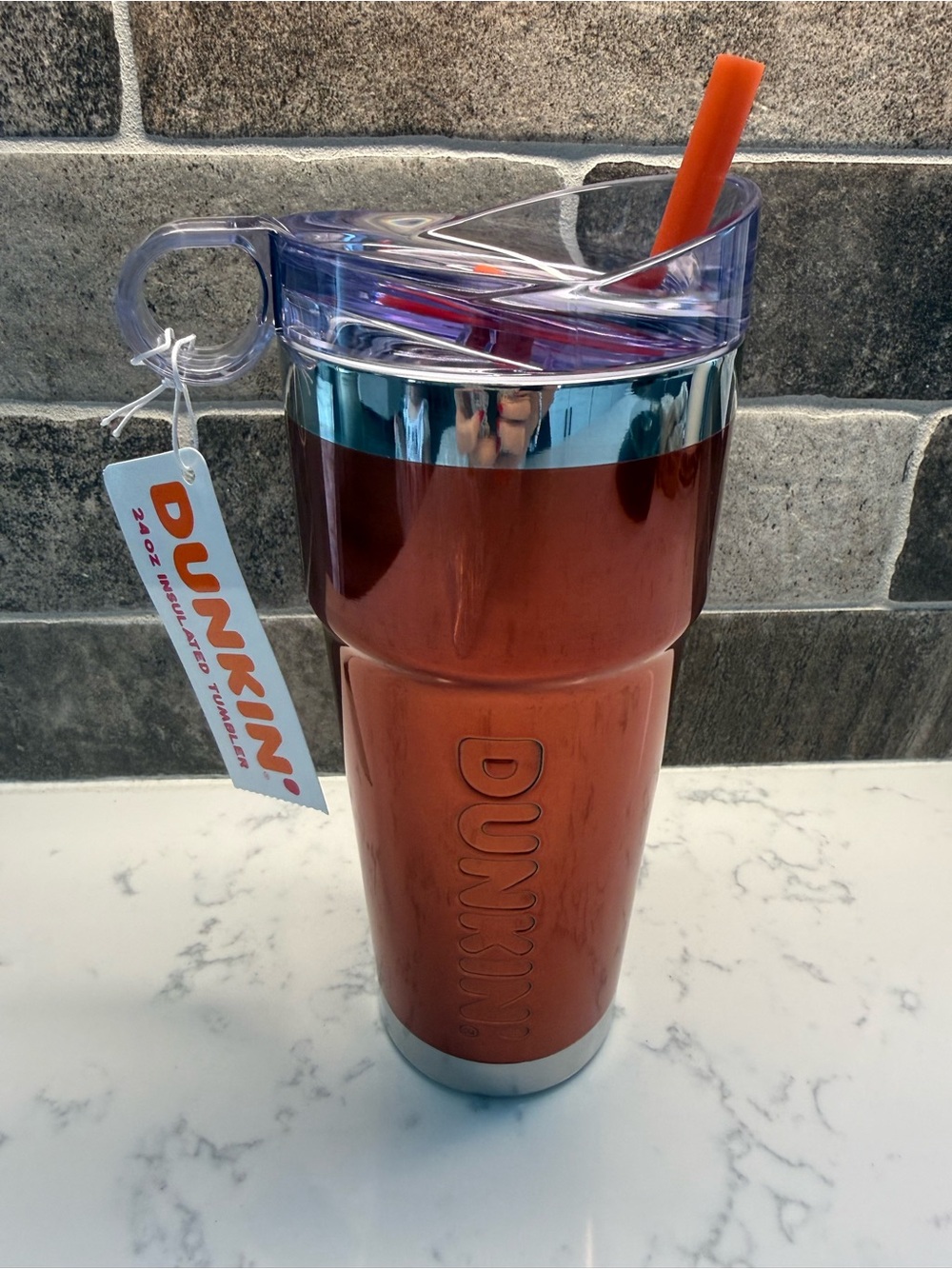 NEW RARE DUNKIN Burnt Orange Foil Metallic 24oz Insulated Tumbler Travel Mug